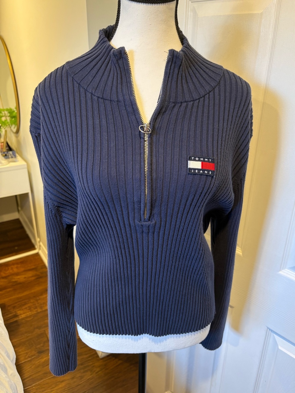 Y2K Tommy Hilfiger Jeans Ribbed Half Zip Sweater XXL Navy Logo Knit